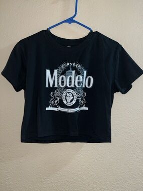 Model Black Graphic Crop Tee with White Logo